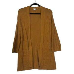 J. Jill Open Front Cardigan Long Line Cable Knit Mustard Brown Size LP Fishermen